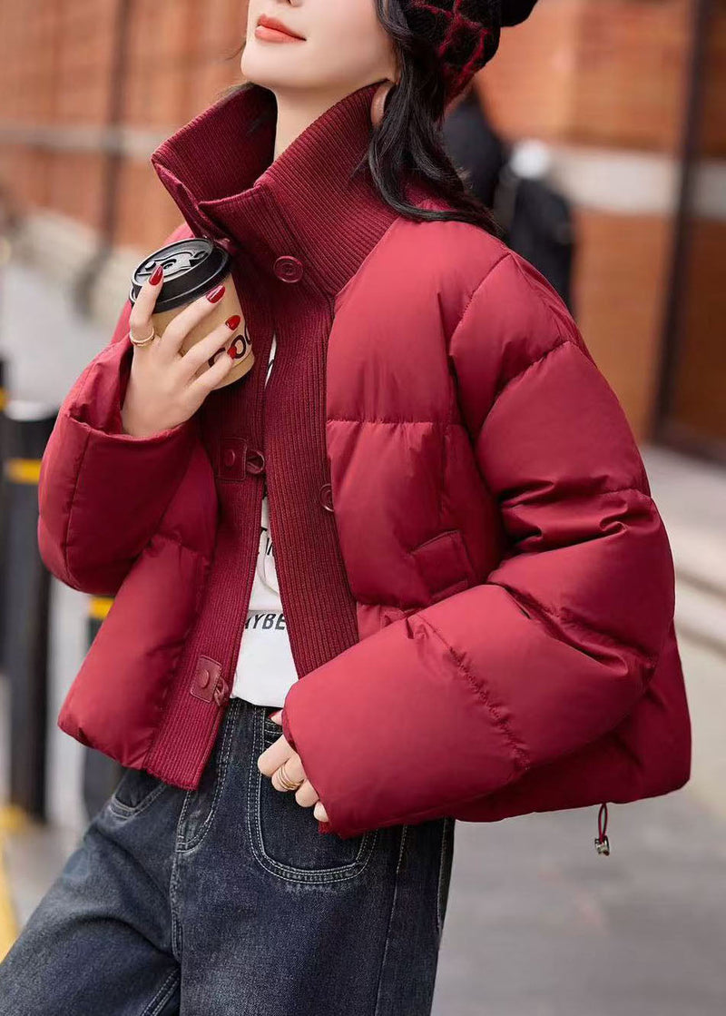 Red High Neck Patchwork Drawstring Fine Cotton Filled Puffer Jacket Winter