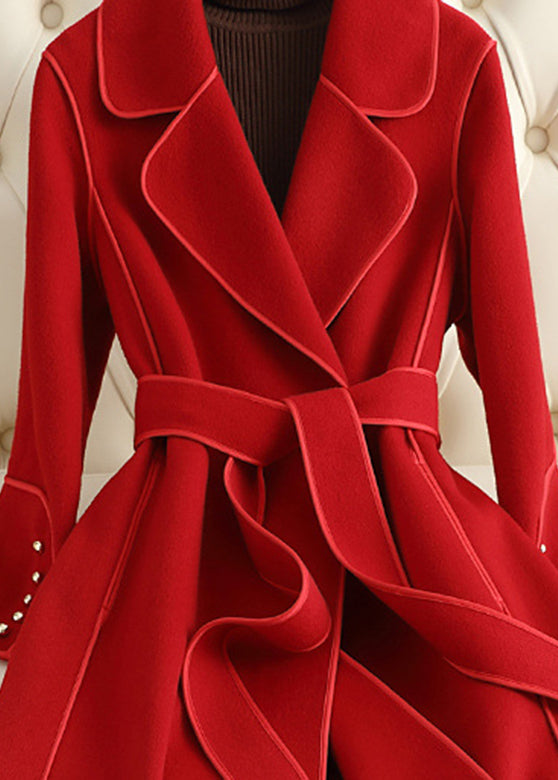 Red Notched Tie Waist Woolen Long Coats Fall