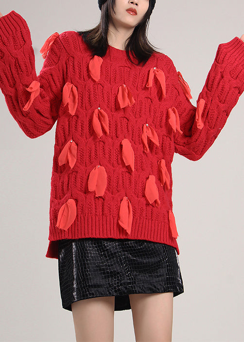 Red O-neck Bow Knit Sweaters Spring
