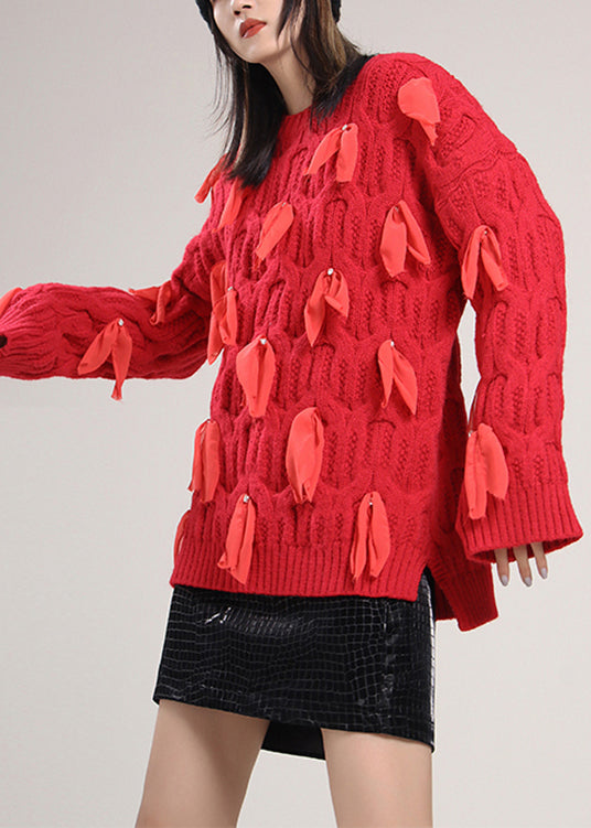 Red O-neck Bow Knit Sweaters Spring