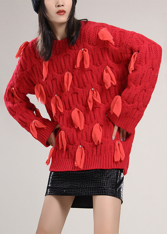 Red O-neck Bow Knit Sweaters Spring