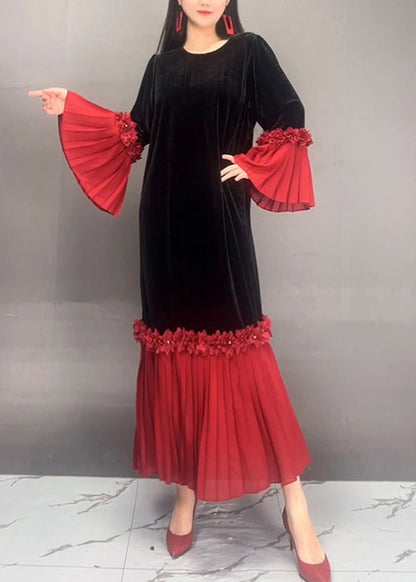 Red O Neck Chiffon Patchwork Velvet Dresses Flare Sleeve