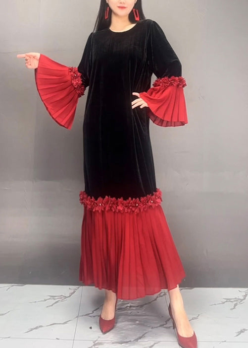 Red O Neck Chiffon Patchwork Velvet Dresses Flare Sleeve