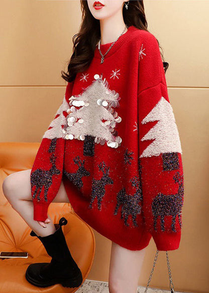 Red O-neck Christmas Jacquard Knit Long Sweater Winter