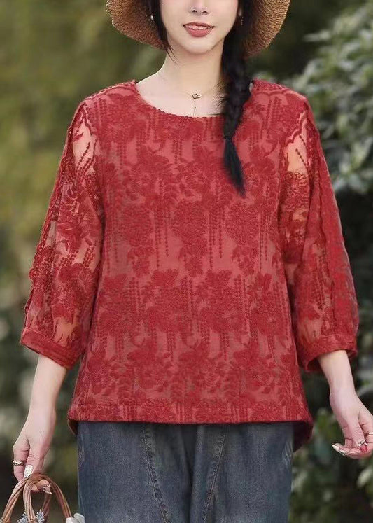 Red O Neck Embroidered Lace T Shirt Tops Fall