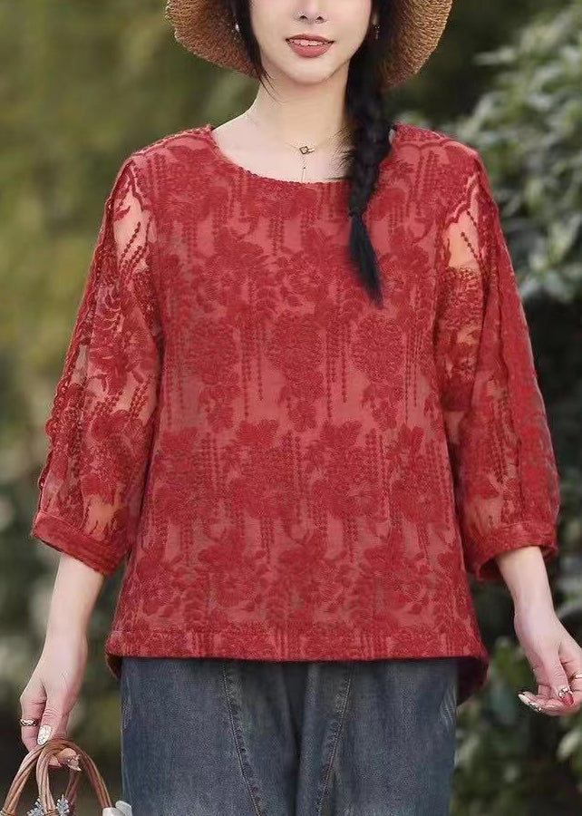 Red O Neck Embroidered Lace T Shirt Tops Fall