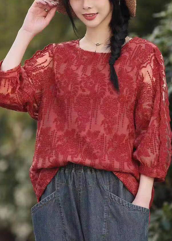 Red O Neck Embroidered Lace T Shirt Tops Fall