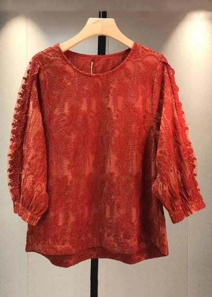 Red O Neck Embroidered Lace T Shirt Tops Fall