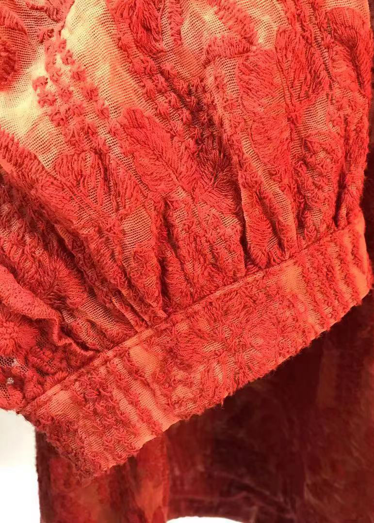 Red O Neck Embroidered Lace T Shirt Tops Fall