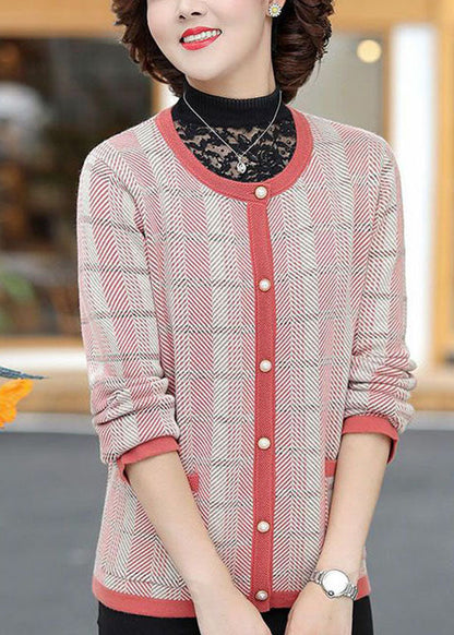 Red O-neck Pockets Plaid Knit Coat Long Sleeve