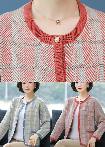 Red O-neck Pockets Plaid Knit Coat Long Sleeve