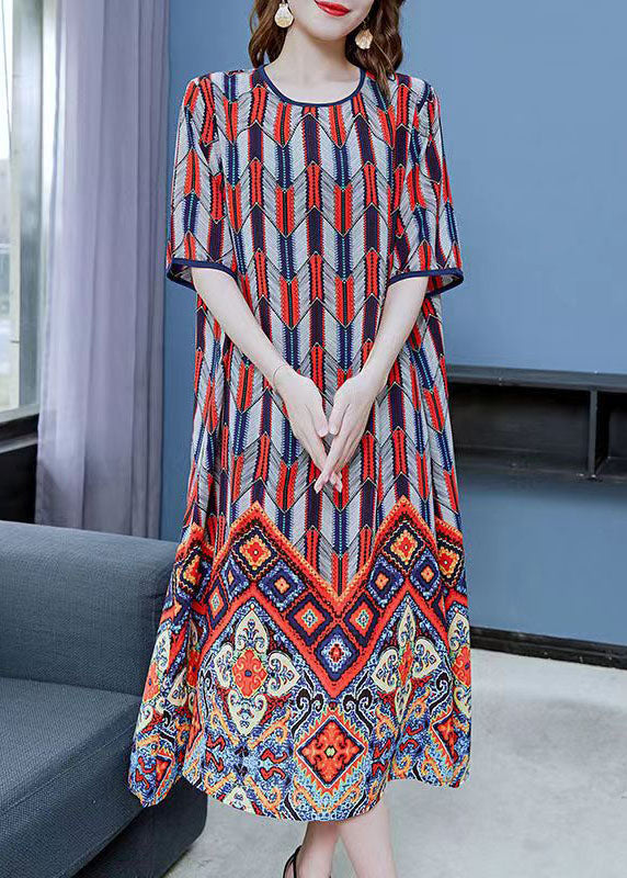 Red O Neck Print Patchwork Chiffon Dresses Summer