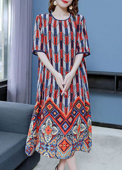 Red O Neck Print Patchwork Chiffon Dresses Summer