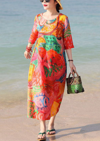 Red O Neck Print Pockets Cotton Vacation Dresses Half Sleeve