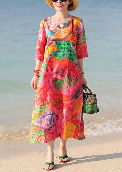 Red O Neck Print Pockets Cotton Vacation Dresses Half Sleeve