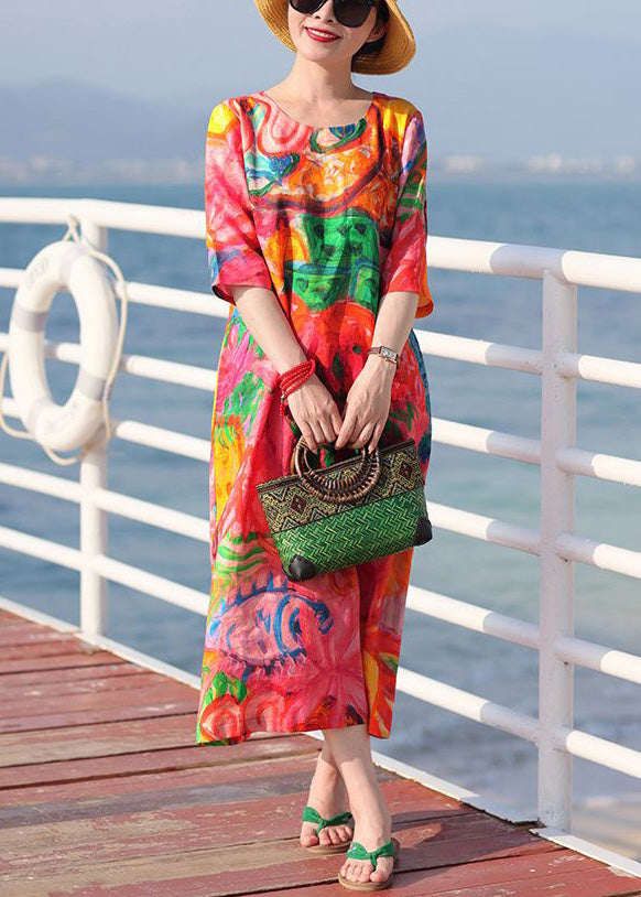 Red O Neck Print Pockets Cotton Vacation Dresses Half Sleeve
