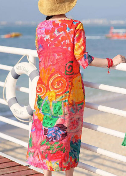 Red O Neck Print Pockets Cotton Vacation Dresses Half Sleeve