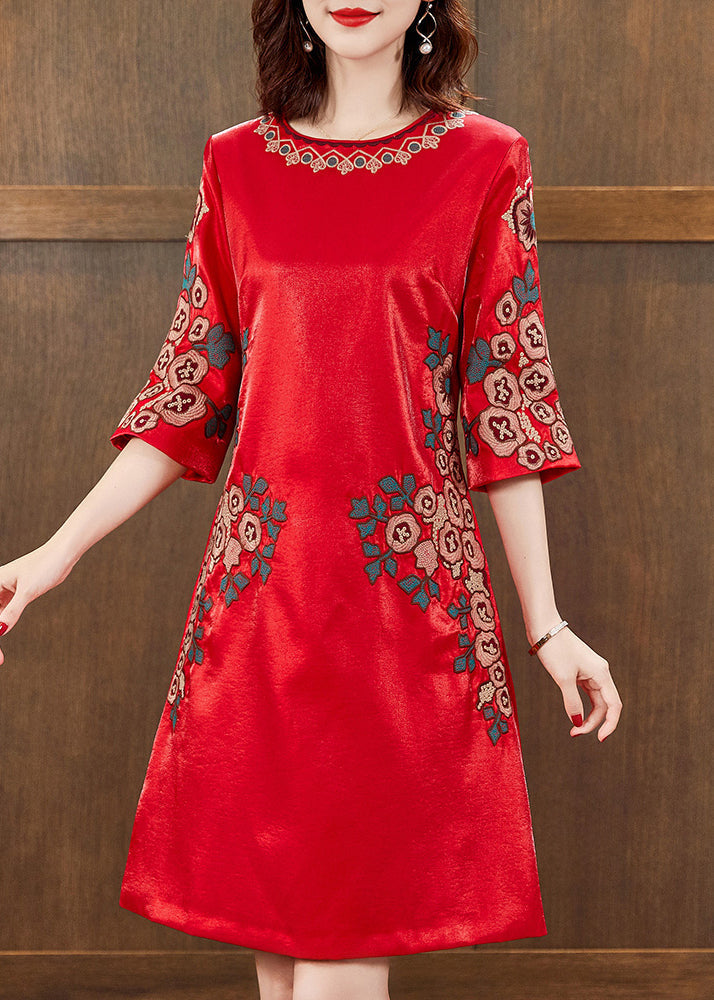 Red O-neck Print Silk Mid Dress Half Sleeve