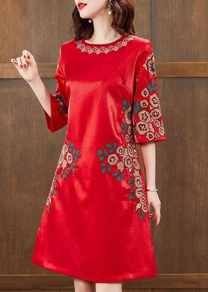 Red O-neck Print Silk Mid Dress Half Sleeve
