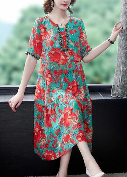 Red O-neck Print Silk Party Dress Summer