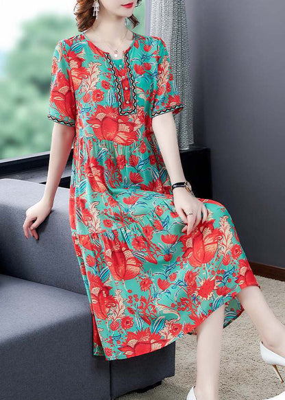 Red O-neck Print Silk Party Dress Summer