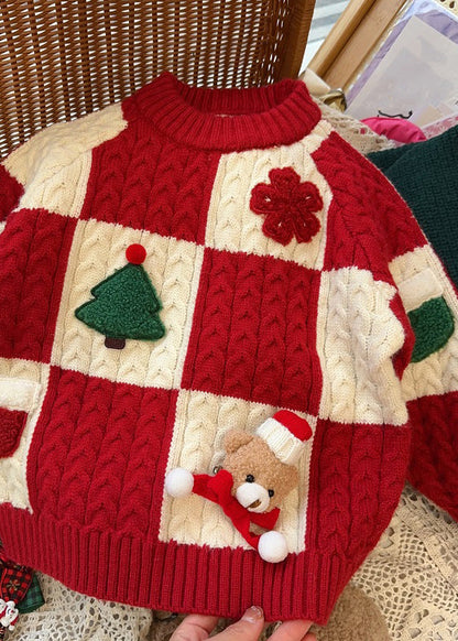 Red O-neck Thick Plaid Patchwork Cotton Knit Sweaters Spring