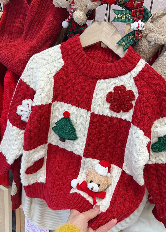 Red O-neck Thick Plaid Patchwork Cotton Knit Sweaters Spring