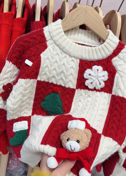 Red O-neck Thick Plaid Patchwork Cotton Knit Sweaters Spring