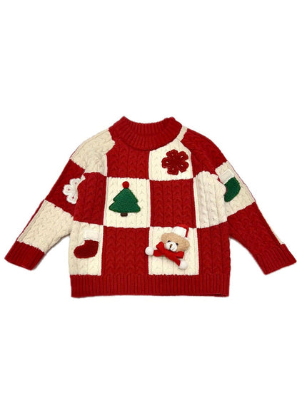Red O-neck Thick Plaid Patchwork Cotton Knit Sweaters Spring