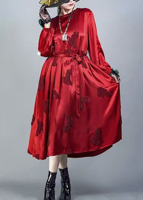 Red O-neck Tie Waist Silk Dresses Spring
