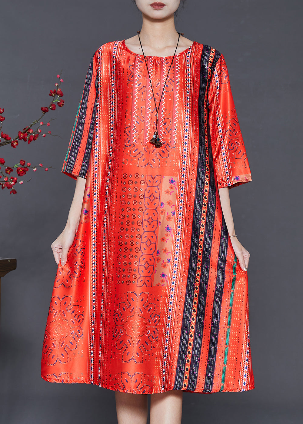 Red Oversized Print Chiffon Long Dress Summer