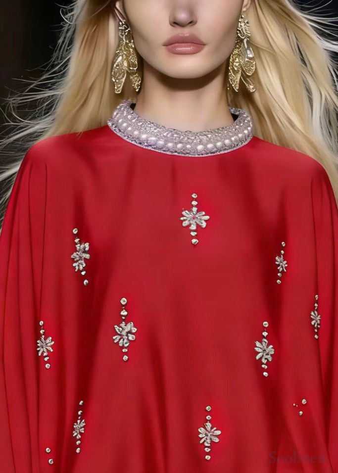 Red Oversized Rhinestone Silk Shirts Batwing Sleeve