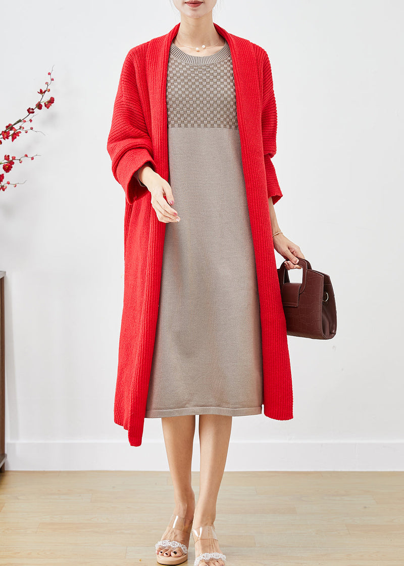 Red Oversized Warm Knit Cardigans Fall