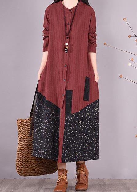 Red Patchwork Print Dress O Neck Pockets Traveling Spring Dresses