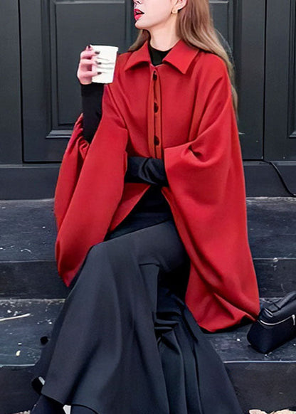 Red Peter Pan Collar Asymmetrical Woolen Cape Bracelet Sleeve