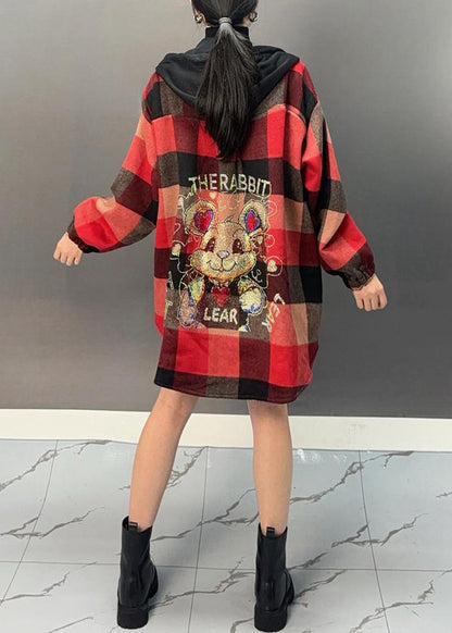 Red Plaid Asymmetrical Button Thick Woolen Hooded Coat Winter