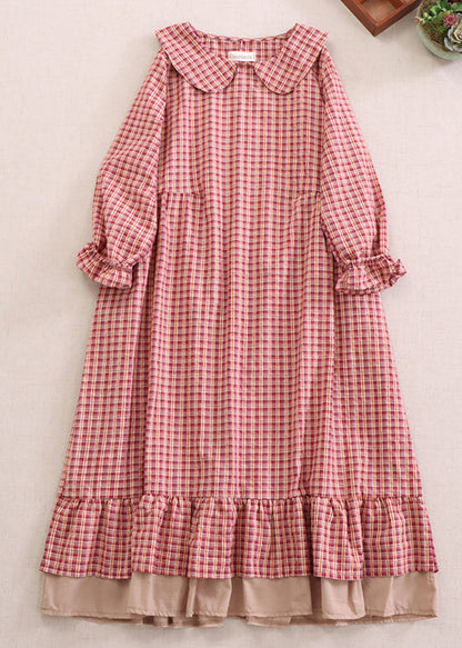 Red Plaid Peter Pan Collar Ruffled Cotton Dresses Spring