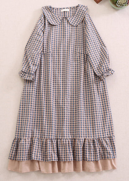 Red Plaid Peter Pan Collar Ruffled Cotton Dresses Spring