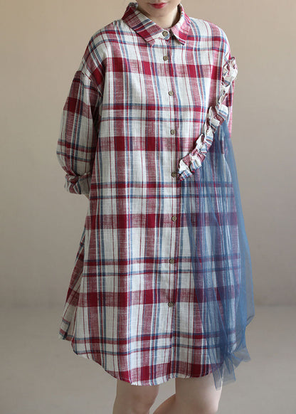 Red Plaid Ruffled Patchwork Tulle Cotton Linen Shirt Dress Long Sleeve