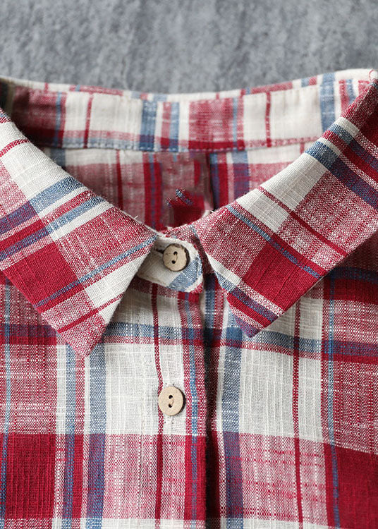 Red Plaid Ruffled Patchwork Tulle Cotton Linen Shirt Dress Long Sleeve