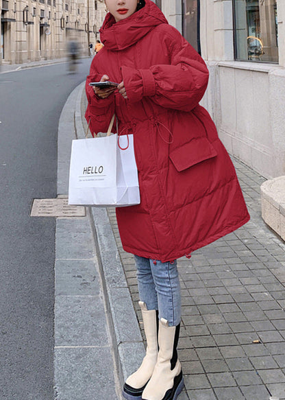 Red Pockets Hooded Drawstring Duck Down Coat Winter