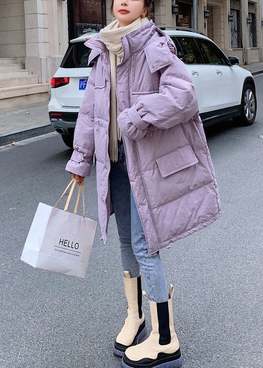 Red Pockets Hooded Drawstring Duck Down Coat Winter