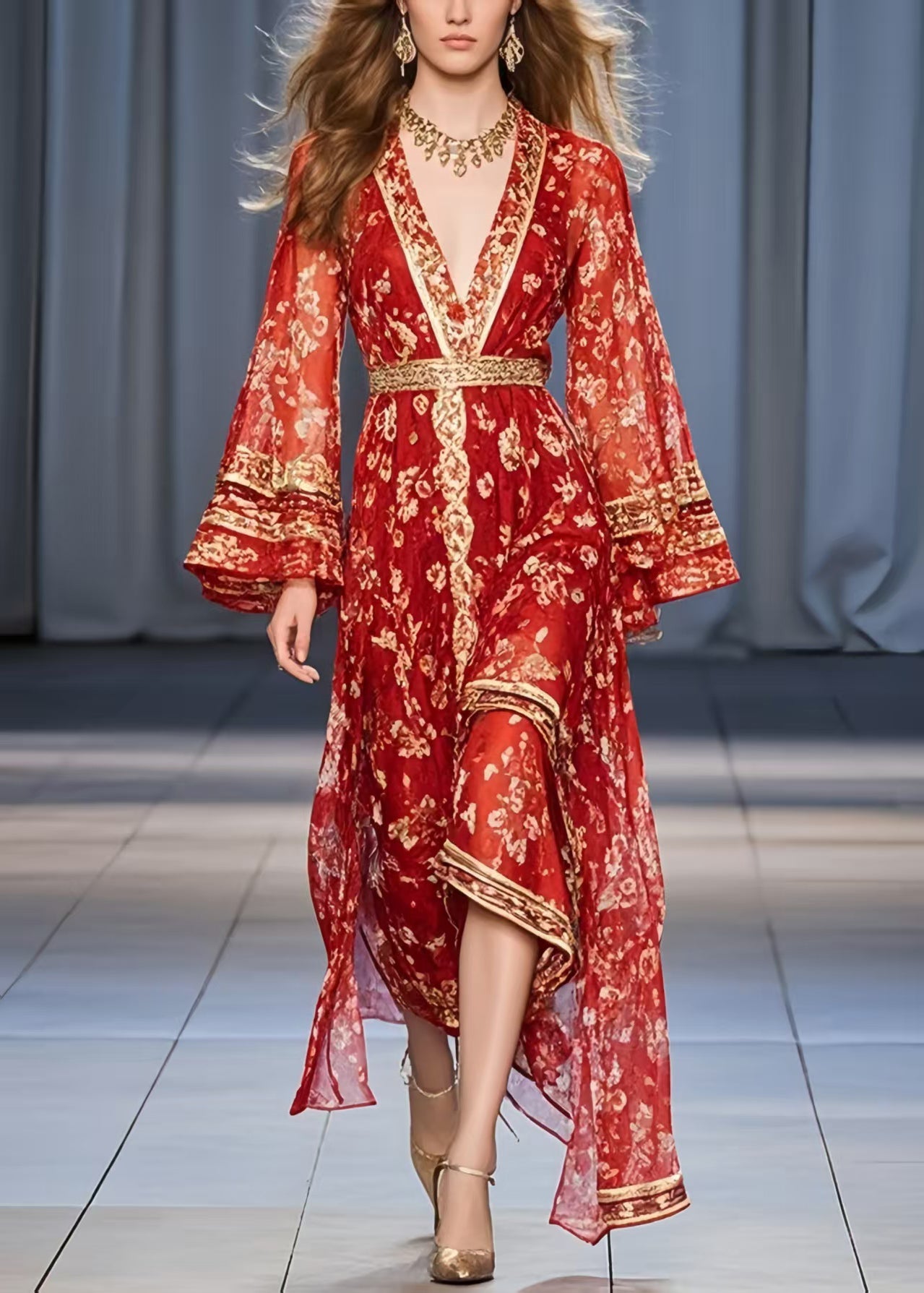 Red Print Chiffon Tunic Dress Flare Sleeve