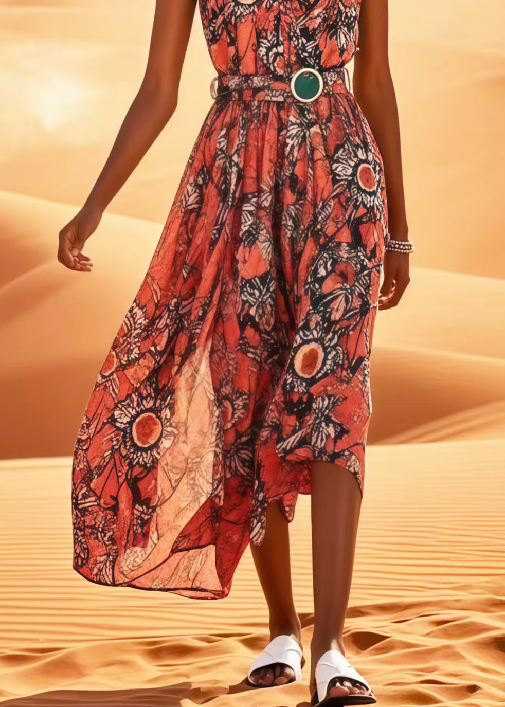 Red Print Cotton Tunic Dress Sleeveless