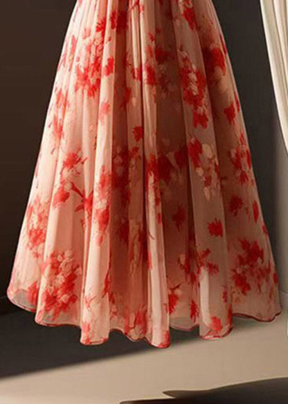Red Print Elastic Waist Chiffon a Line Skirts Summer
