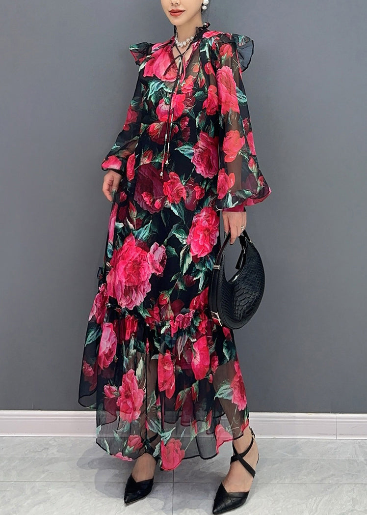 Red Print Lace Up Chiffon Long Dress Lantern Sleeve