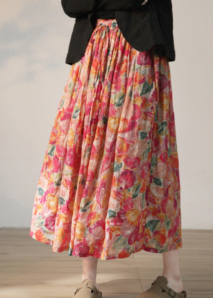 Red Print Lace Up Elastic Waist Linen Skirts Summer