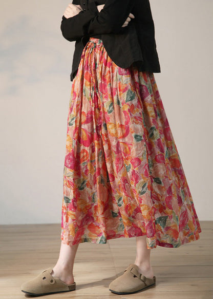 Red Print Lace Up Elastic Waist Linen Skirts Summer