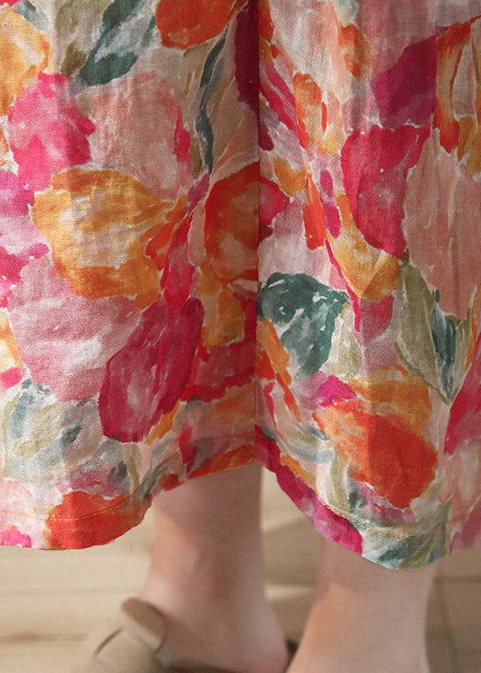Red Print Lace Up Elastic Waist Linen Skirts Summer