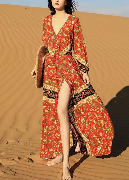 Red Print Lace Up Pockets Long Dress Fall